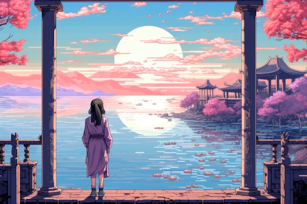 Anime Girl Sunset Hill, Аниме, Девушка 