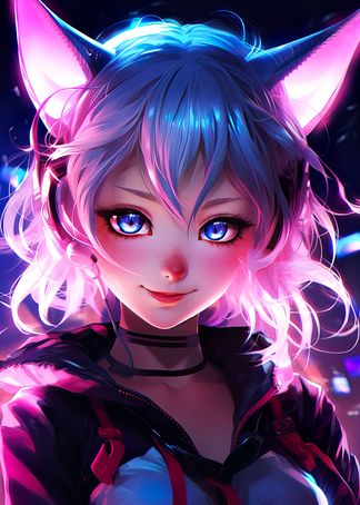 Beautiful cute anime young girl in neon 