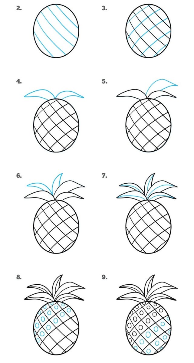 Ручной рисунок мультяшного ананаса карандашами, легко 