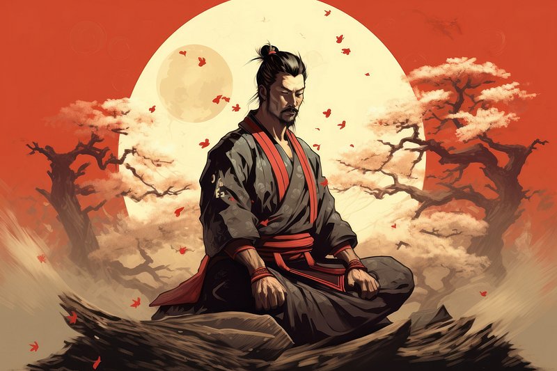 Một nhân vật anime truyền thống, một samurai trẻ tuổi với 